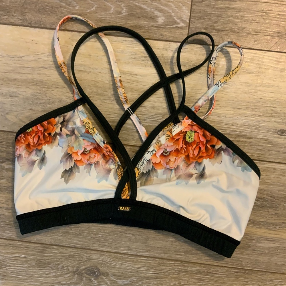 Naja Black and Cream with floral accents swim bikini top. S